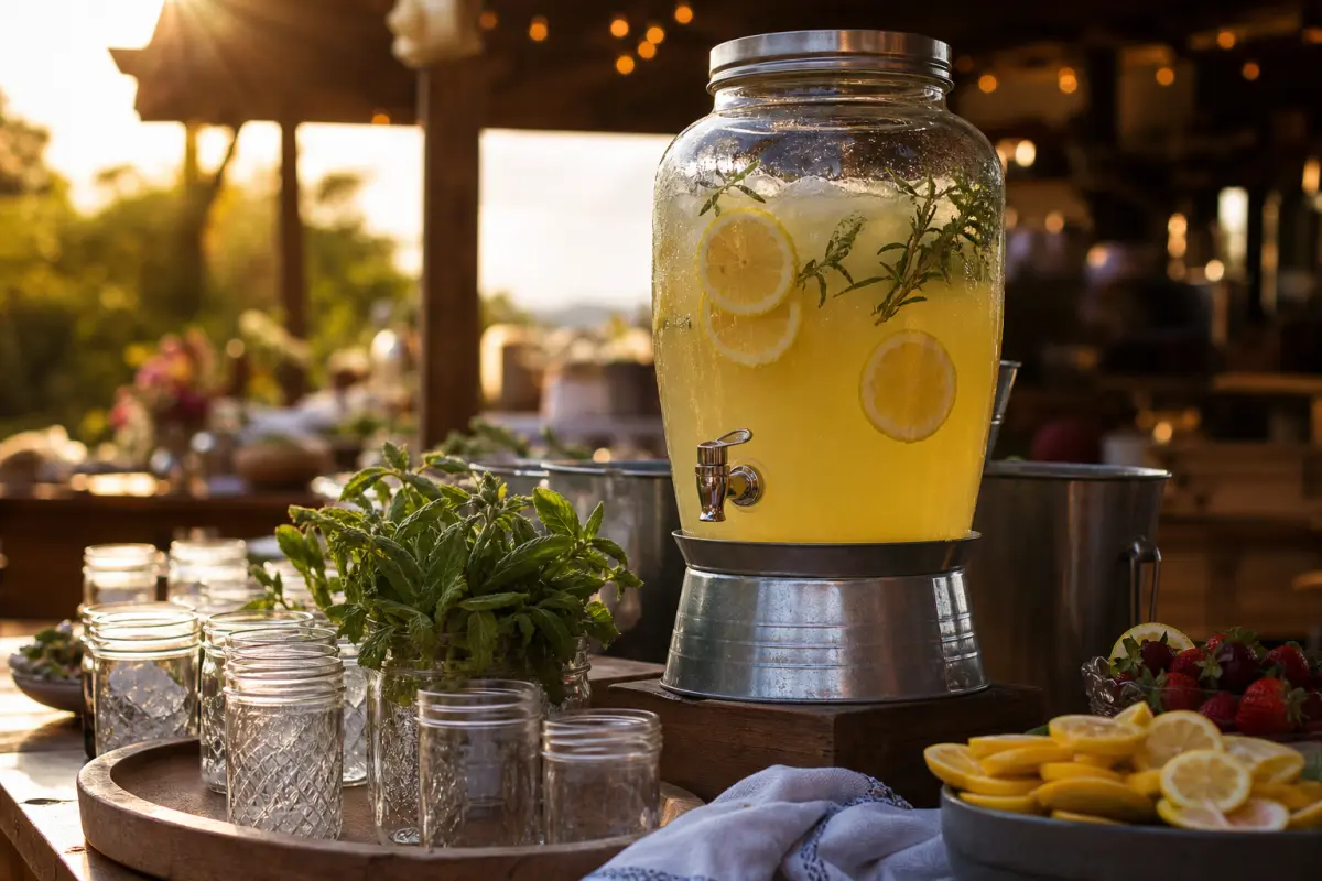 Golden-hour drink station with a lemonade dispenser at an outdoor event (placeholder imagery)