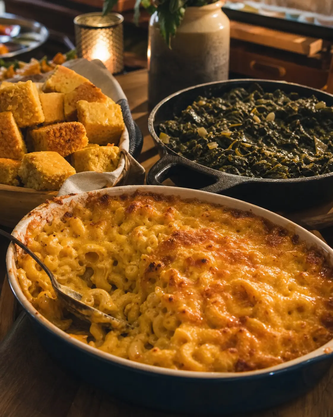 Buffet spread of mac and cheese, cornbread, and braised greens (placeholder imagery)