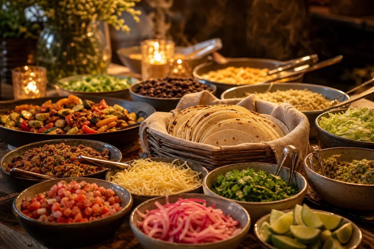 Build-your-own taco station with tortillas, meats, and toppings laid out for a catered event (placeholder imagery)